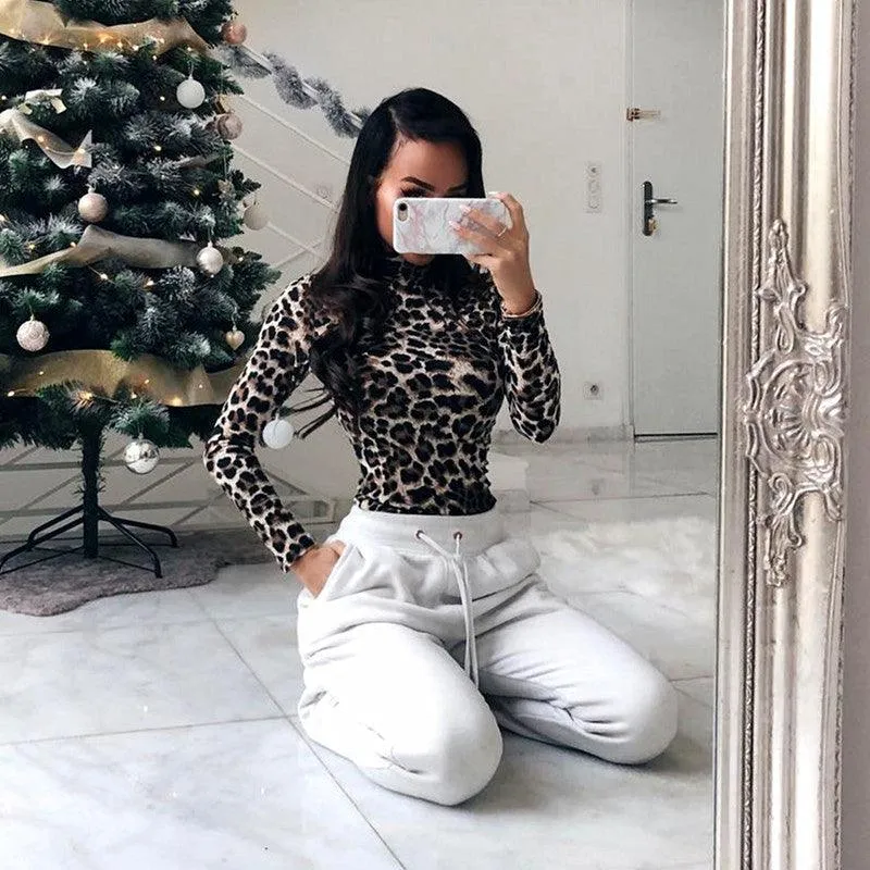 LEOPARD PRINT MOCK TURTLENECK LONG SLEEVE BODYSUIT