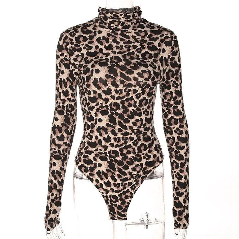 LEOPARD PRINT MOCK TURTLENECK LONG SLEEVE BODYSUIT