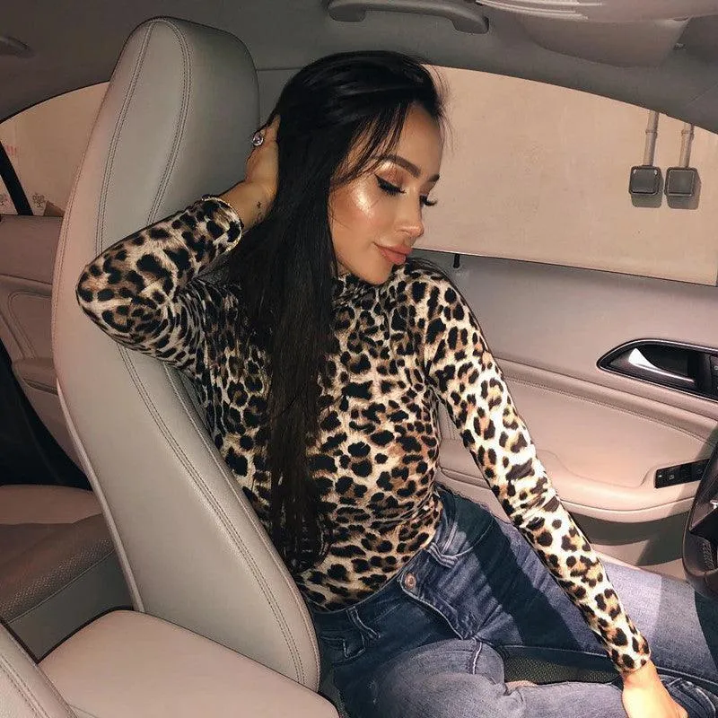 LEOPARD PRINT MOCK TURTLENECK LONG SLEEVE BODYSUIT