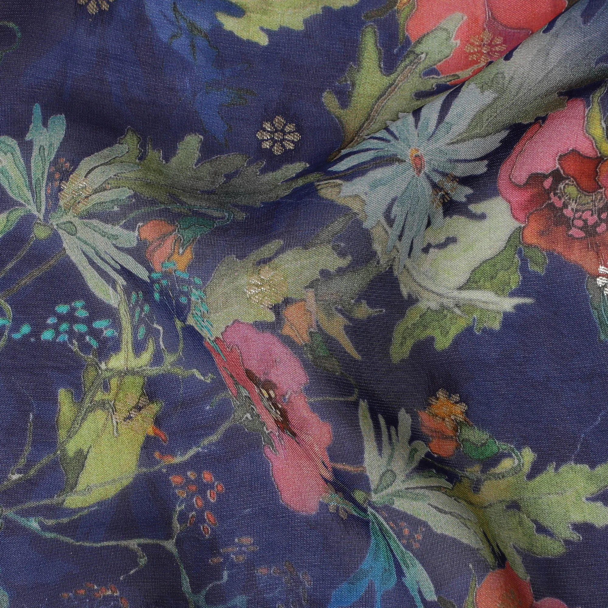 Navy Blue Synthetic Organza Fabric with Vibrant Floral Design, 110 cm Width-D19702