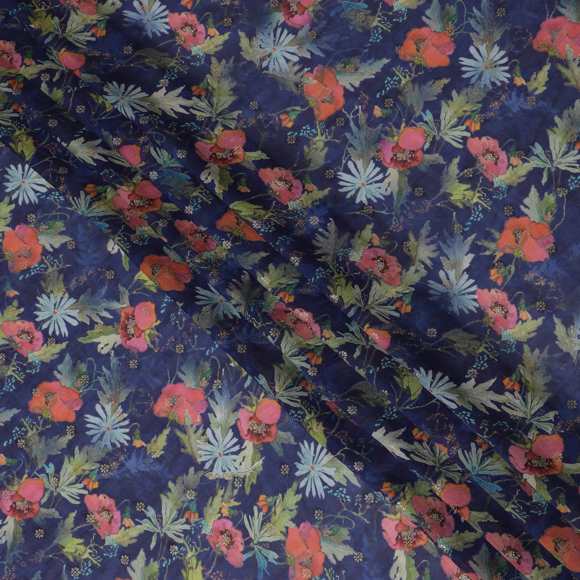 Navy Blue Synthetic Organza Fabric with Vibrant Floral Design, 110 cm Width-D19702