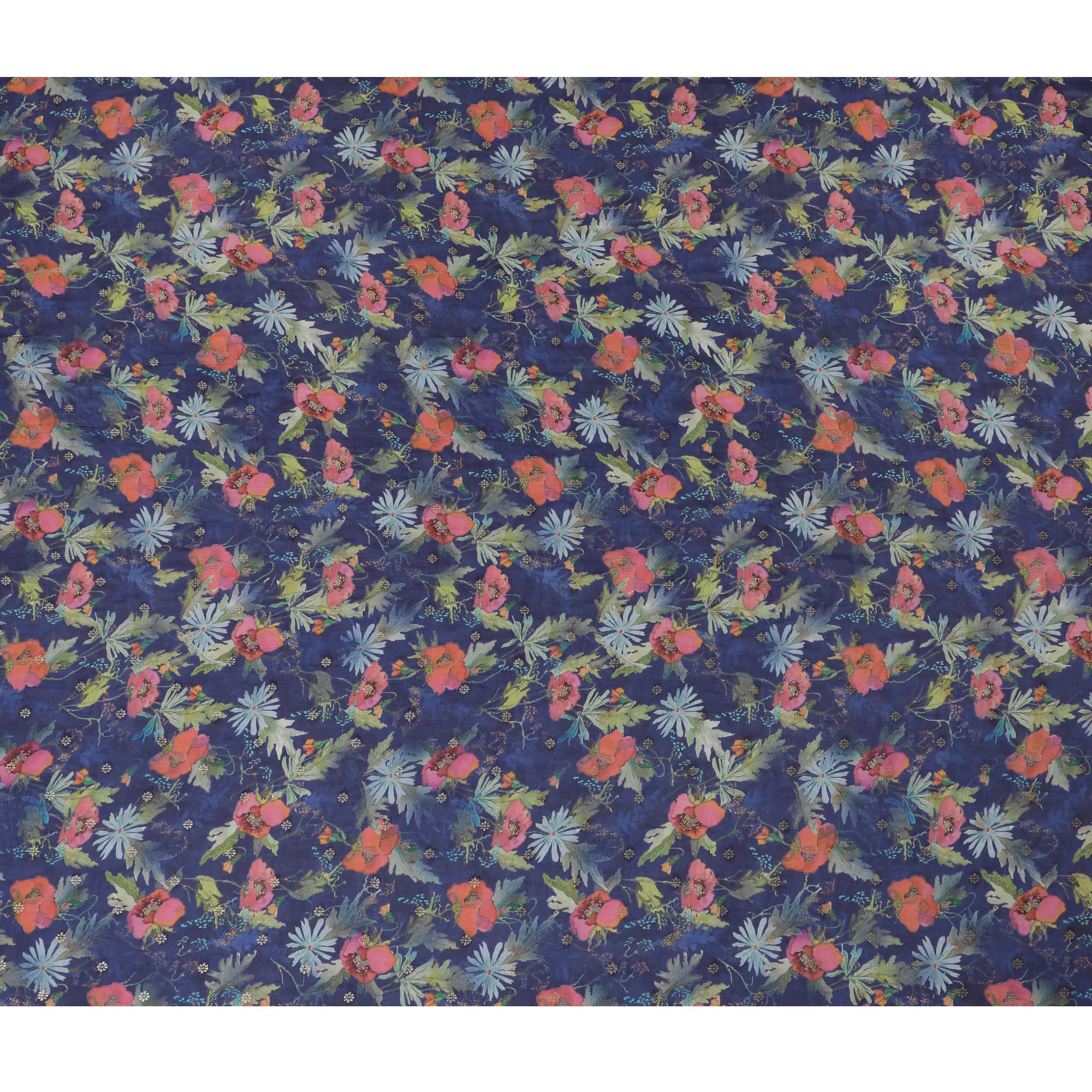 Navy Blue Synthetic Organza Fabric with Vibrant Floral Design, 110 cm Width-D19702