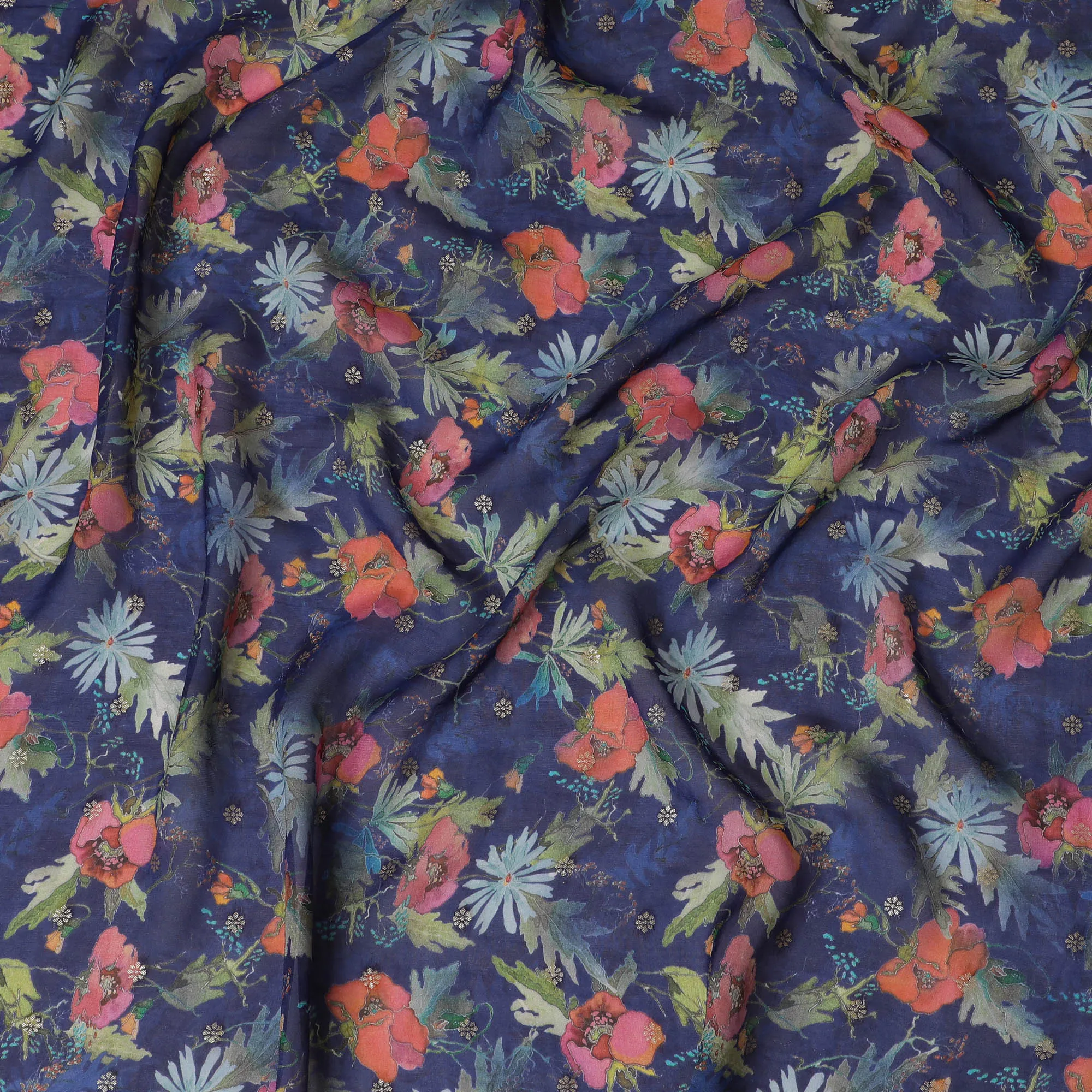 Navy Blue Synthetic Organza Fabric with Vibrant Floral Design, 110 cm Width-D19702