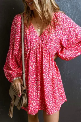 Neck Floral Print Long Sleeve Mini Dress - Chic & Comfortable