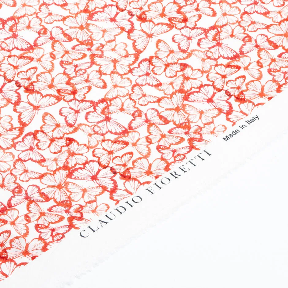 Orange & Red Butterfly Printed White Lightweight Linen