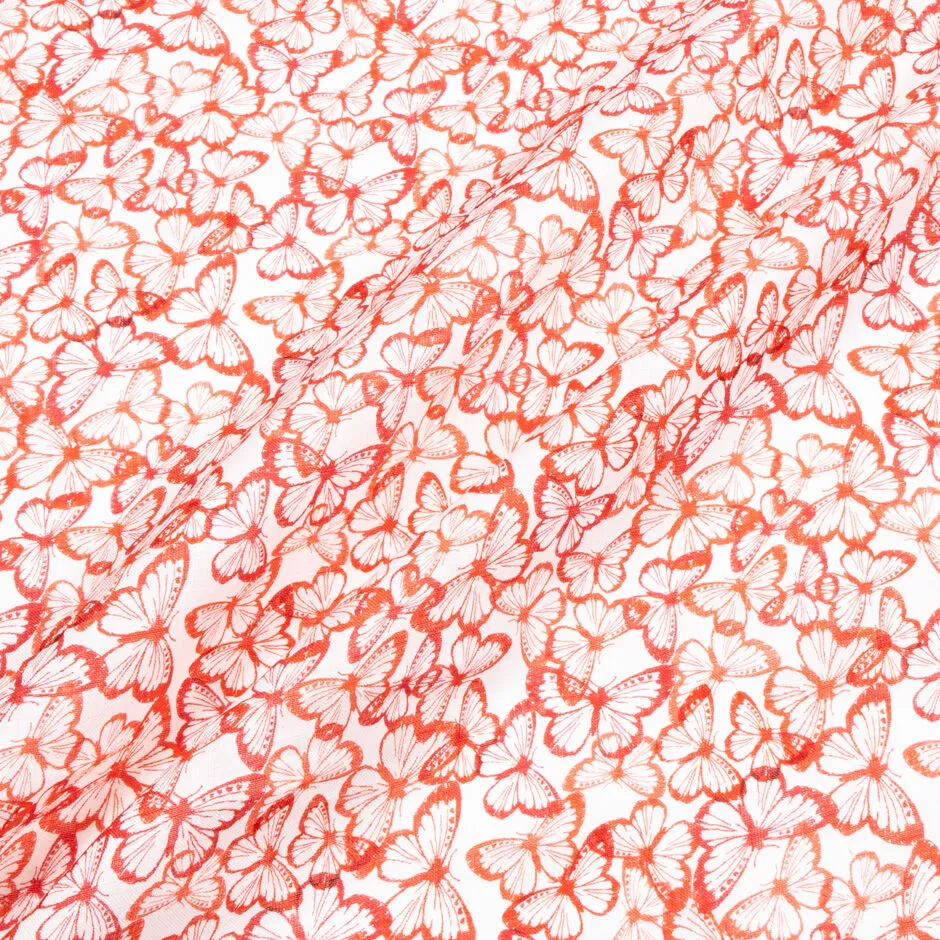 Orange & Red Butterfly Printed White Lightweight Linen