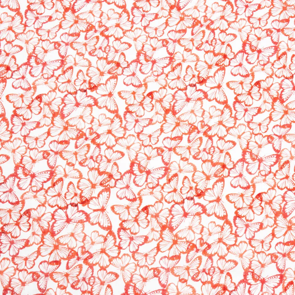 Orange & Red Butterfly Printed White Lightweight Linen