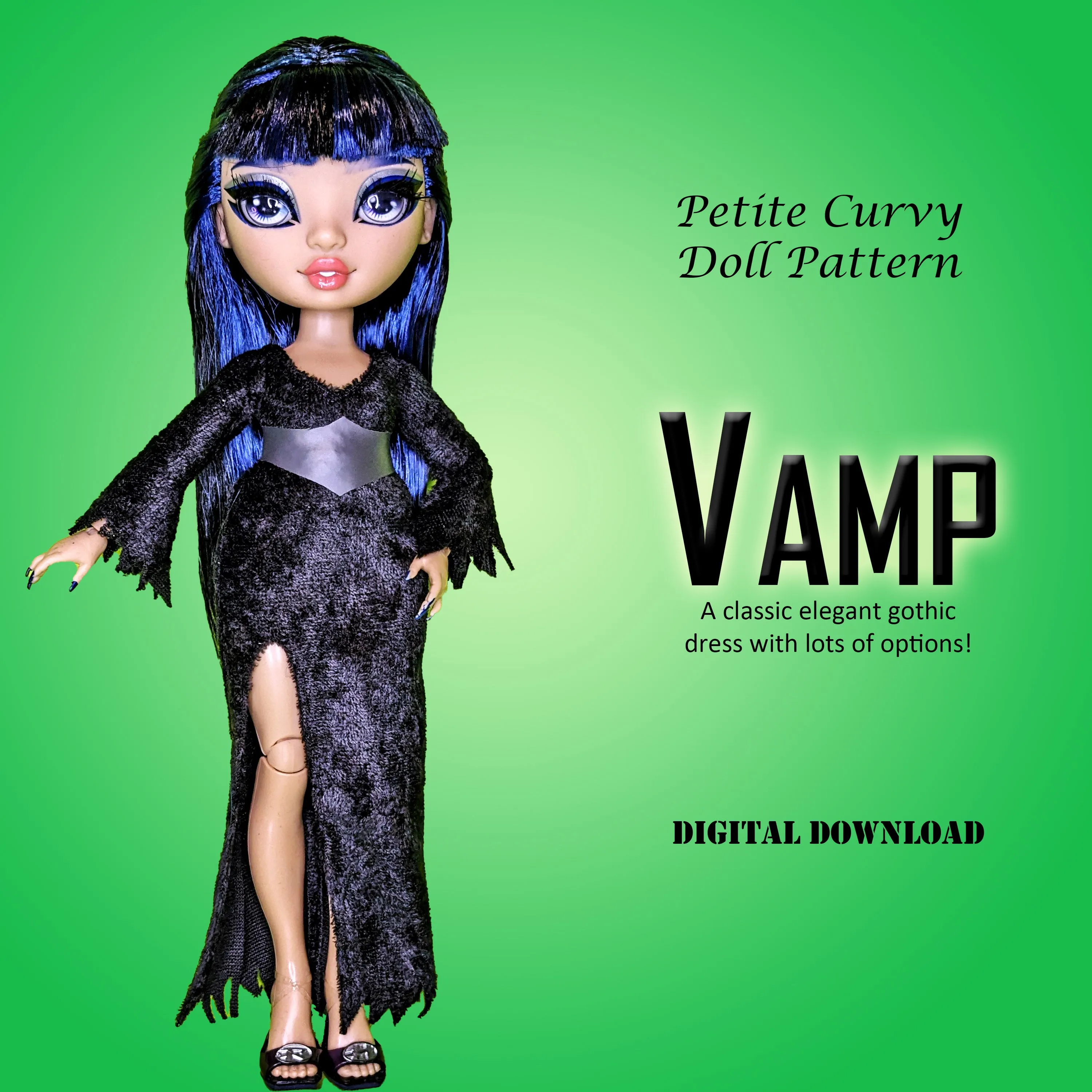 PC Vamp! 10" Curvy Fashion Doll - Gothic Vamp costume with lots of dress/sleeve options - Downloadable RAD Doll Clothes PDF Sewing Pattern