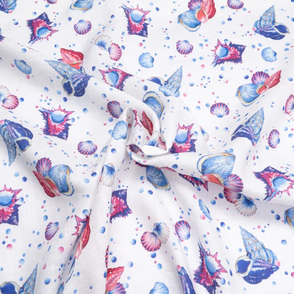 Pink & Blue Shell Printed White Lightweight Linen