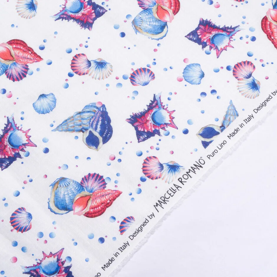 Pink & Blue Shell Printed White Lightweight Linen