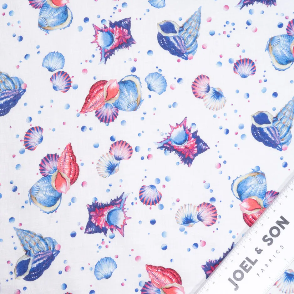 Pink & Blue Shell Printed White Lightweight Linen