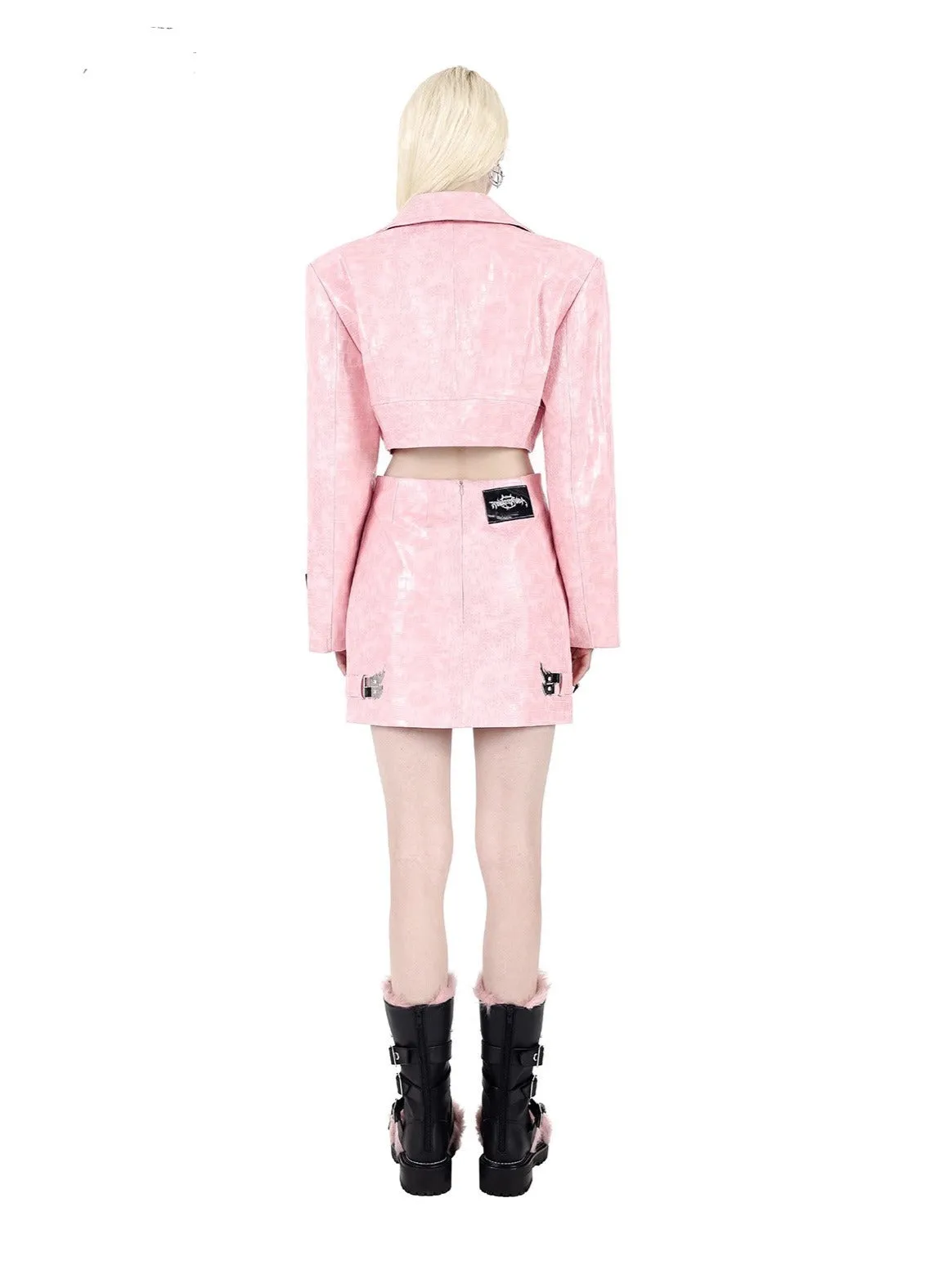 PINKSPINK Cropped Blazer and Mini Skirt Set - Black Croc and Pastel Pink