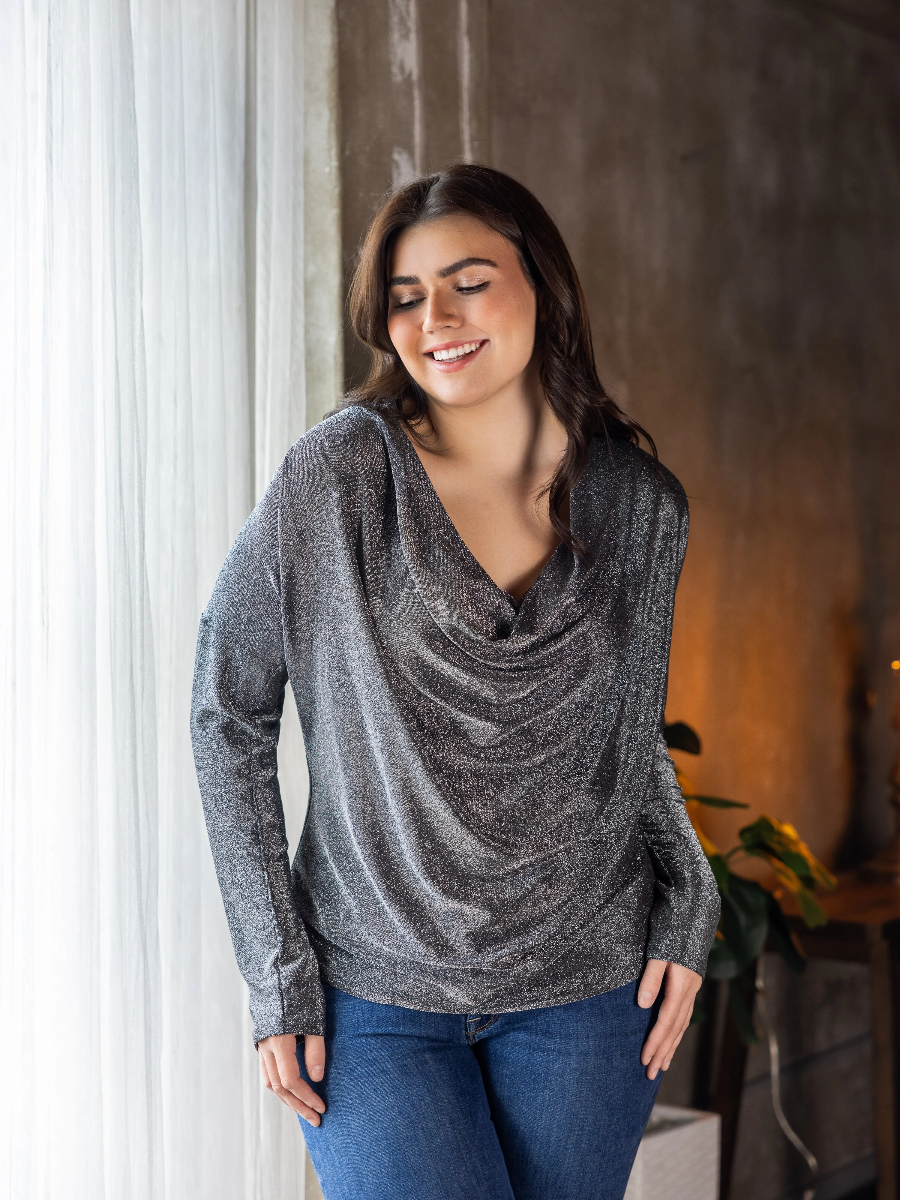 Plus Size Cowl Neck Long Sleeve Shimmery Fabric Top