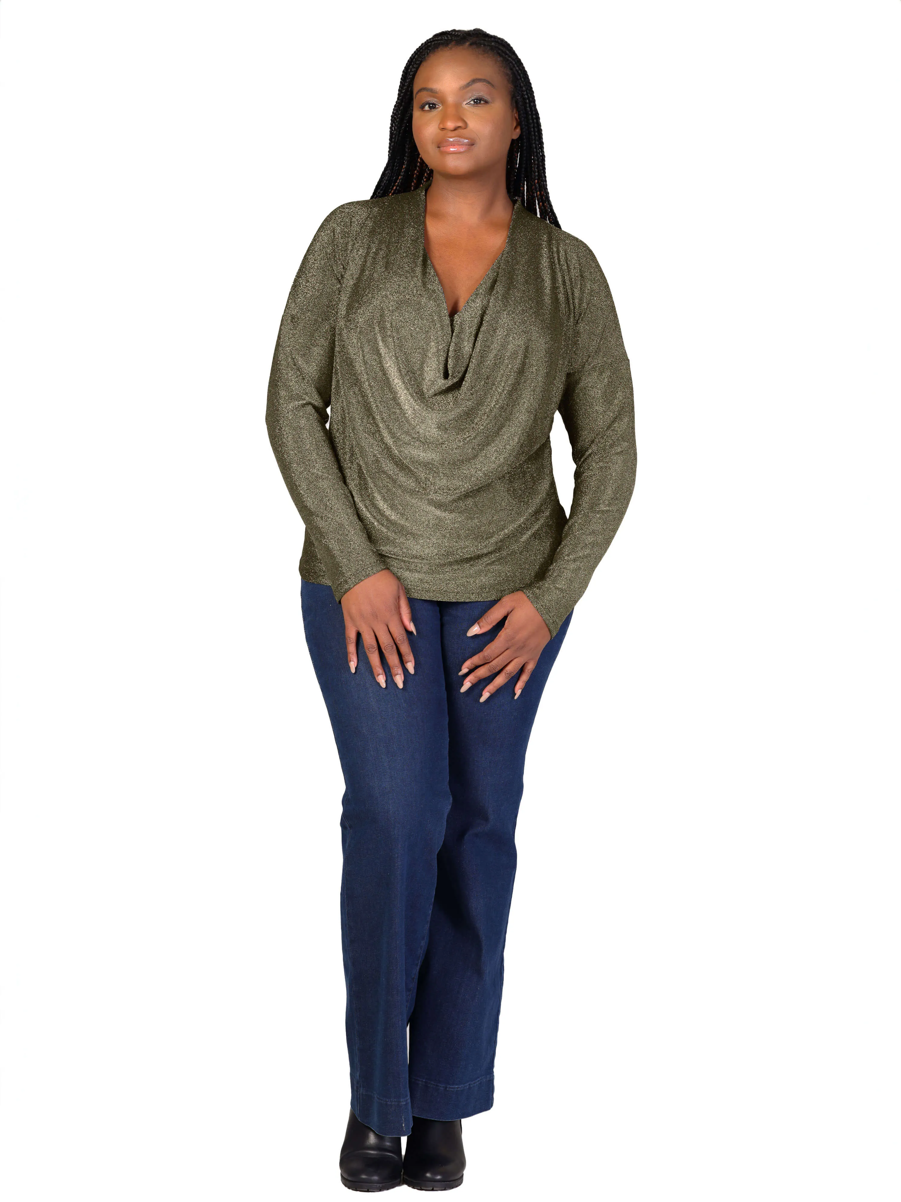 Plus Size Cowl Neck Long Sleeve Shimmery Fabric Top