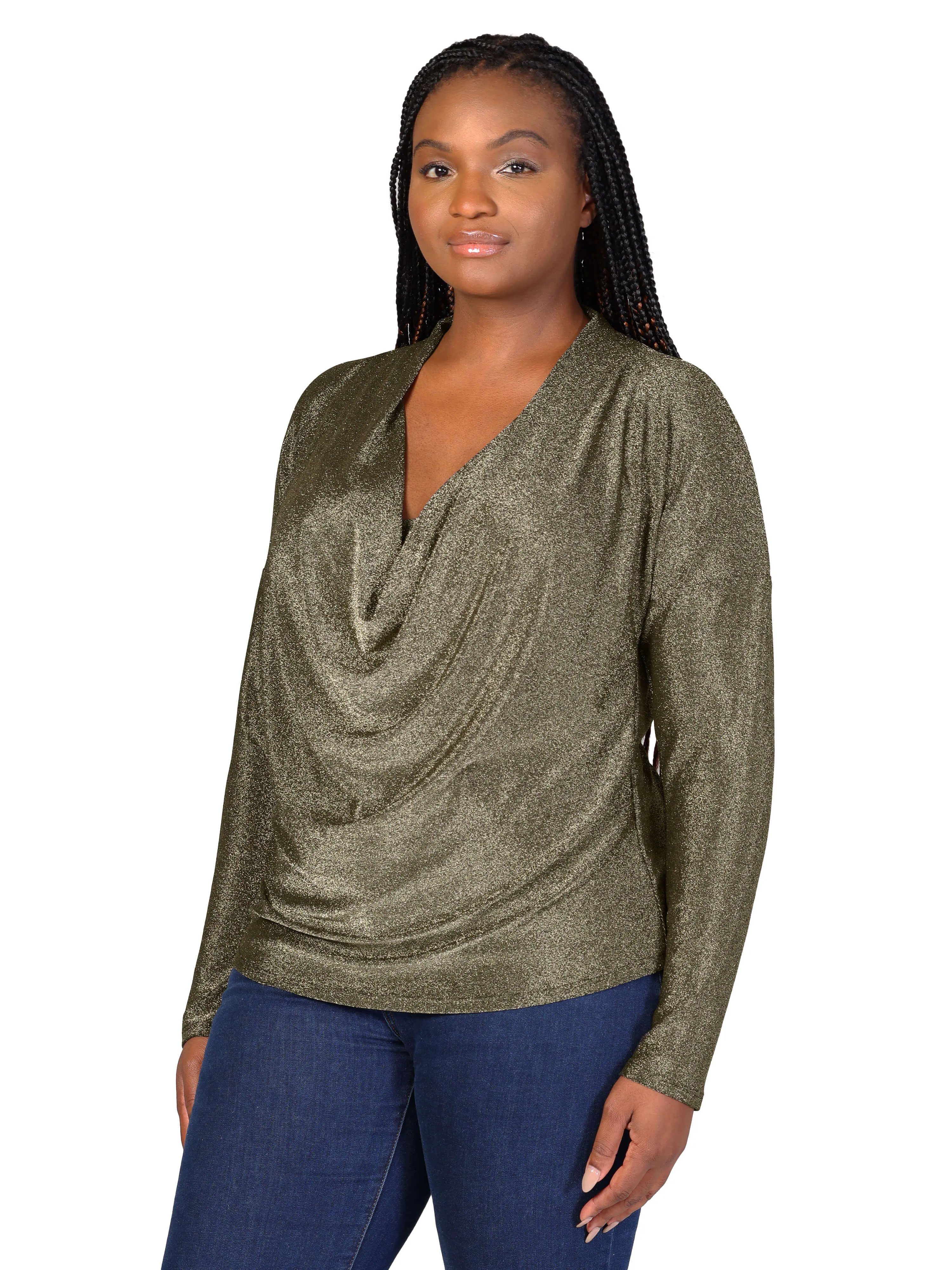 Plus Size Cowl Neck Long Sleeve Shimmery Fabric Top