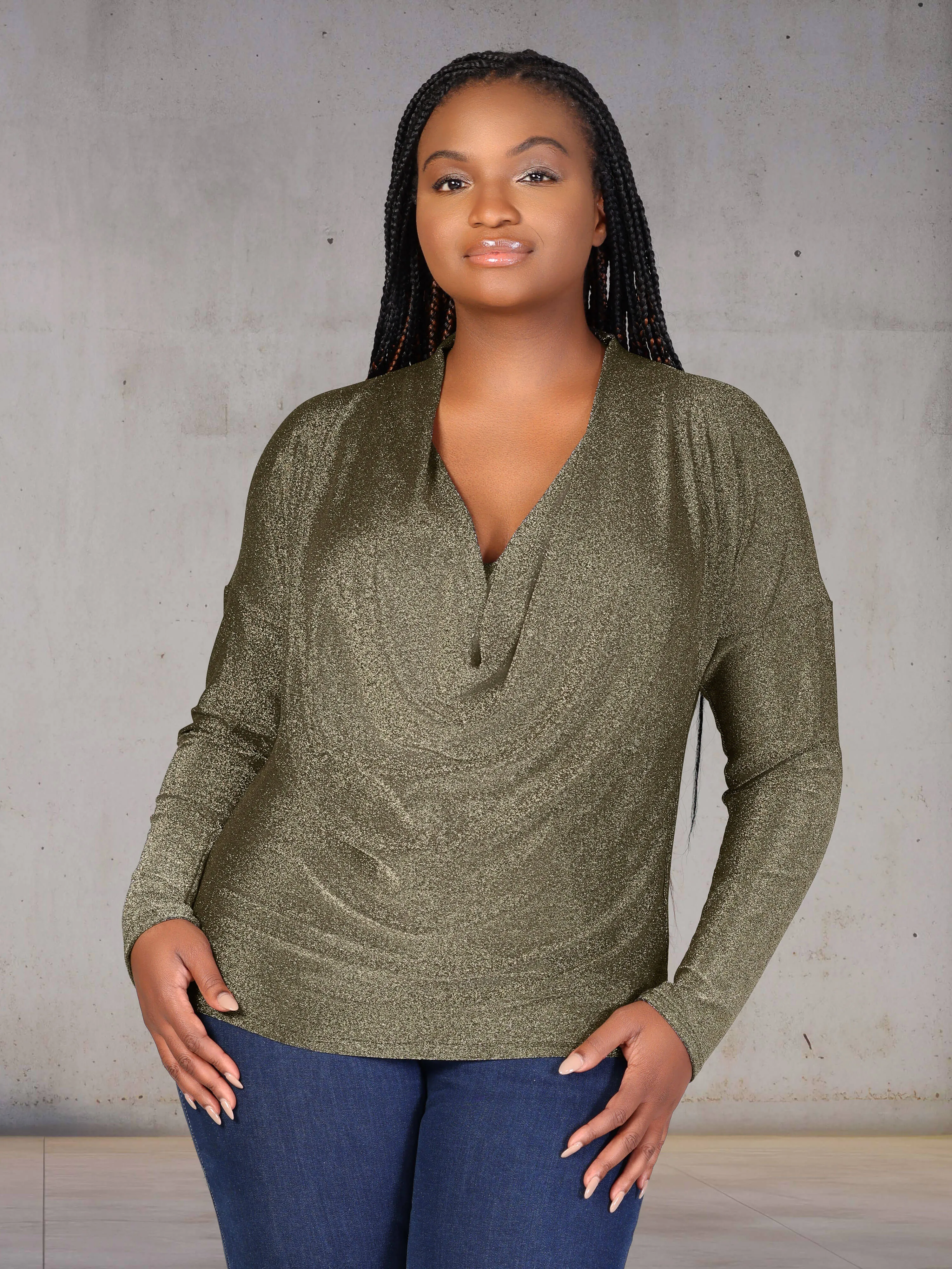 Plus Size Cowl Neck Long Sleeve Shimmery Fabric Top