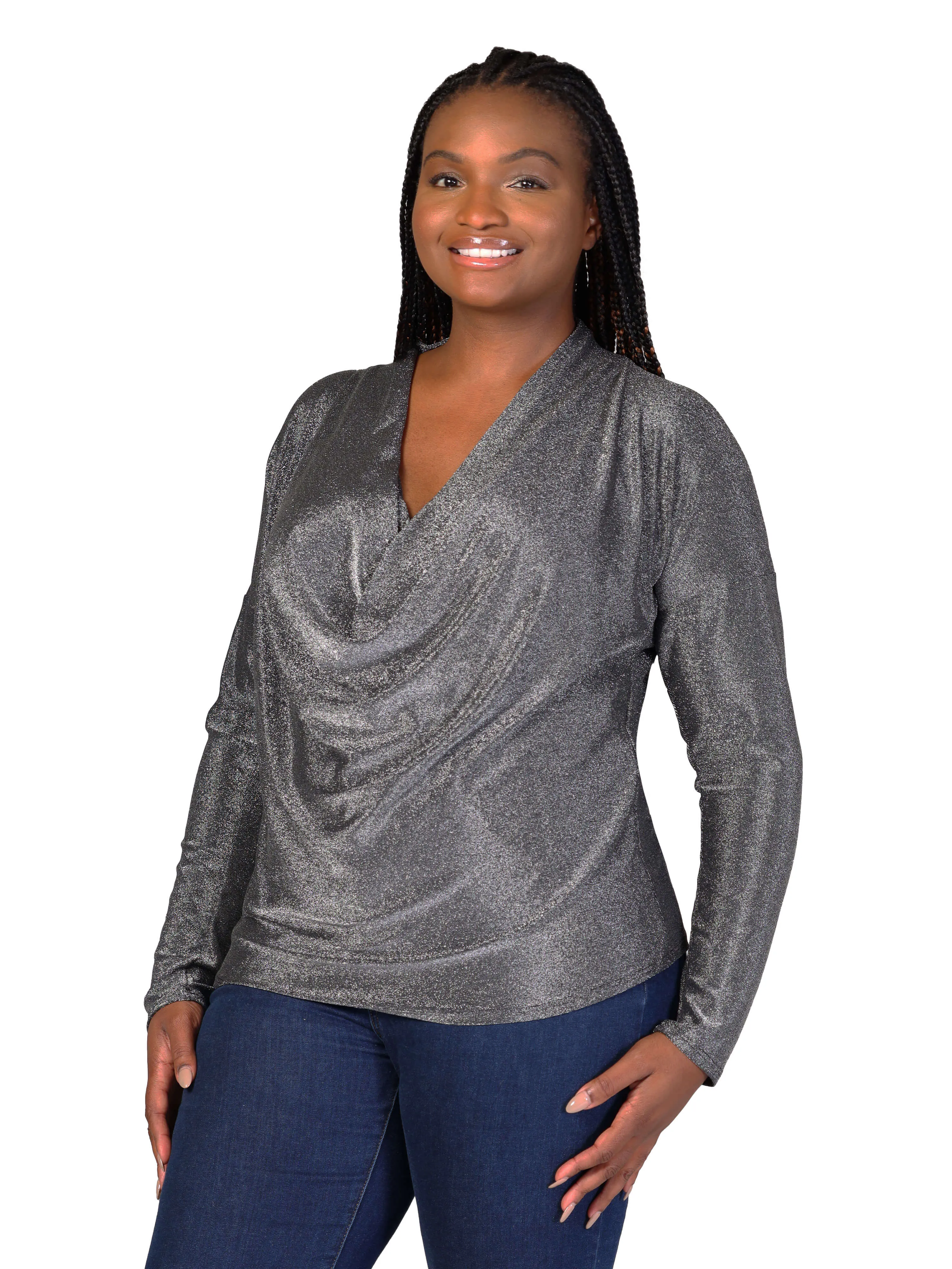 Plus Size Cowl Neck Long Sleeve Shimmery Fabric Top