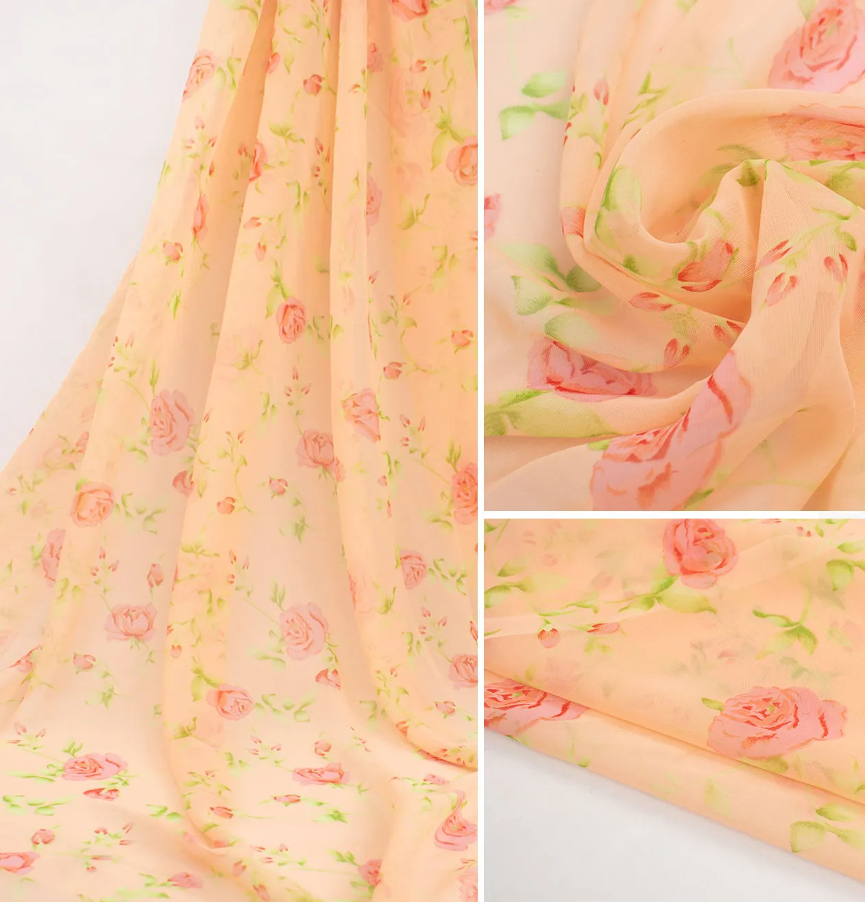 Print Chiffon Red Floral Vines on Peach