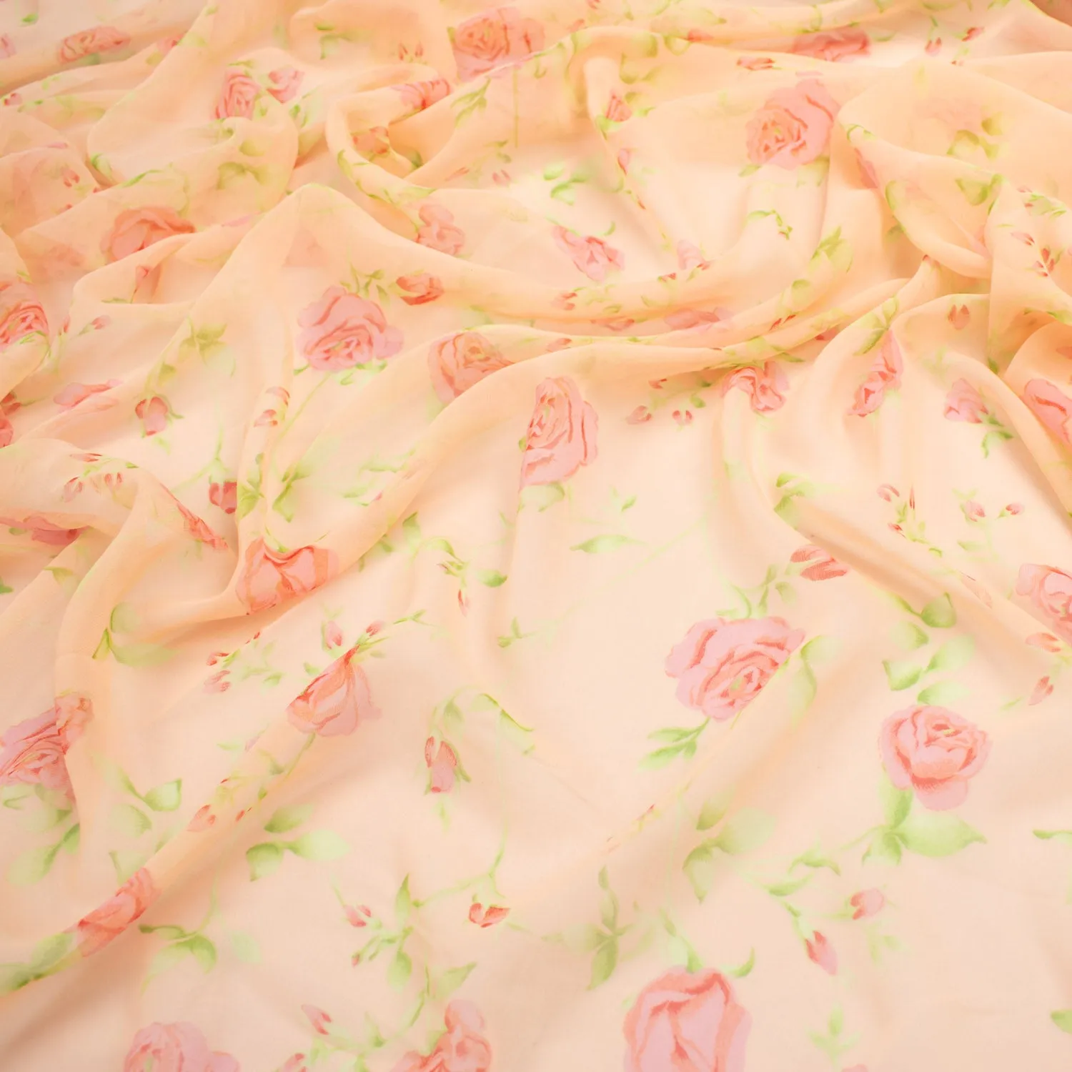 Print Chiffon Red Floral Vines on Peach