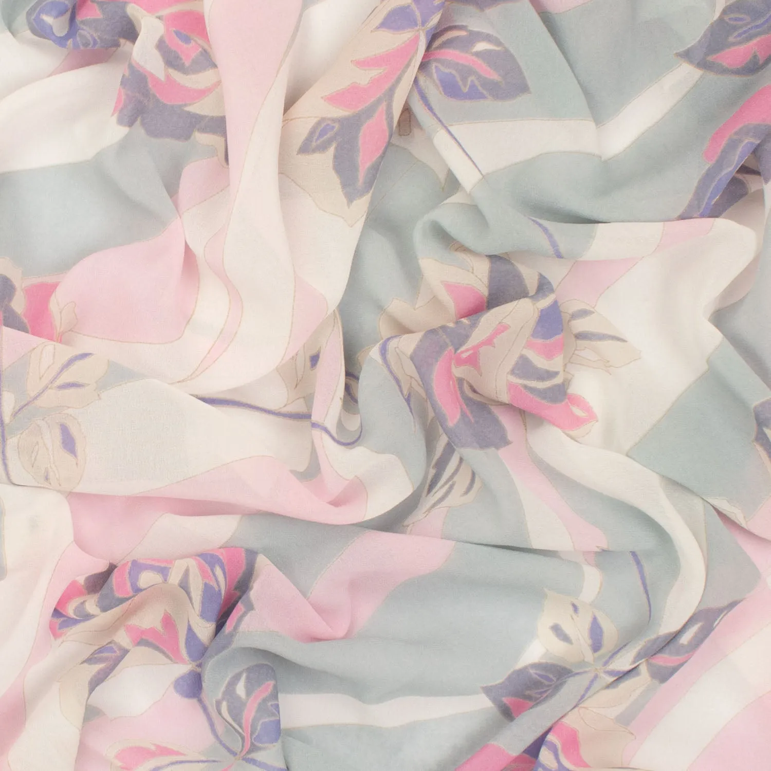 Printed Chiffon Design-13 Pink & Grey Roses on Silver Waves