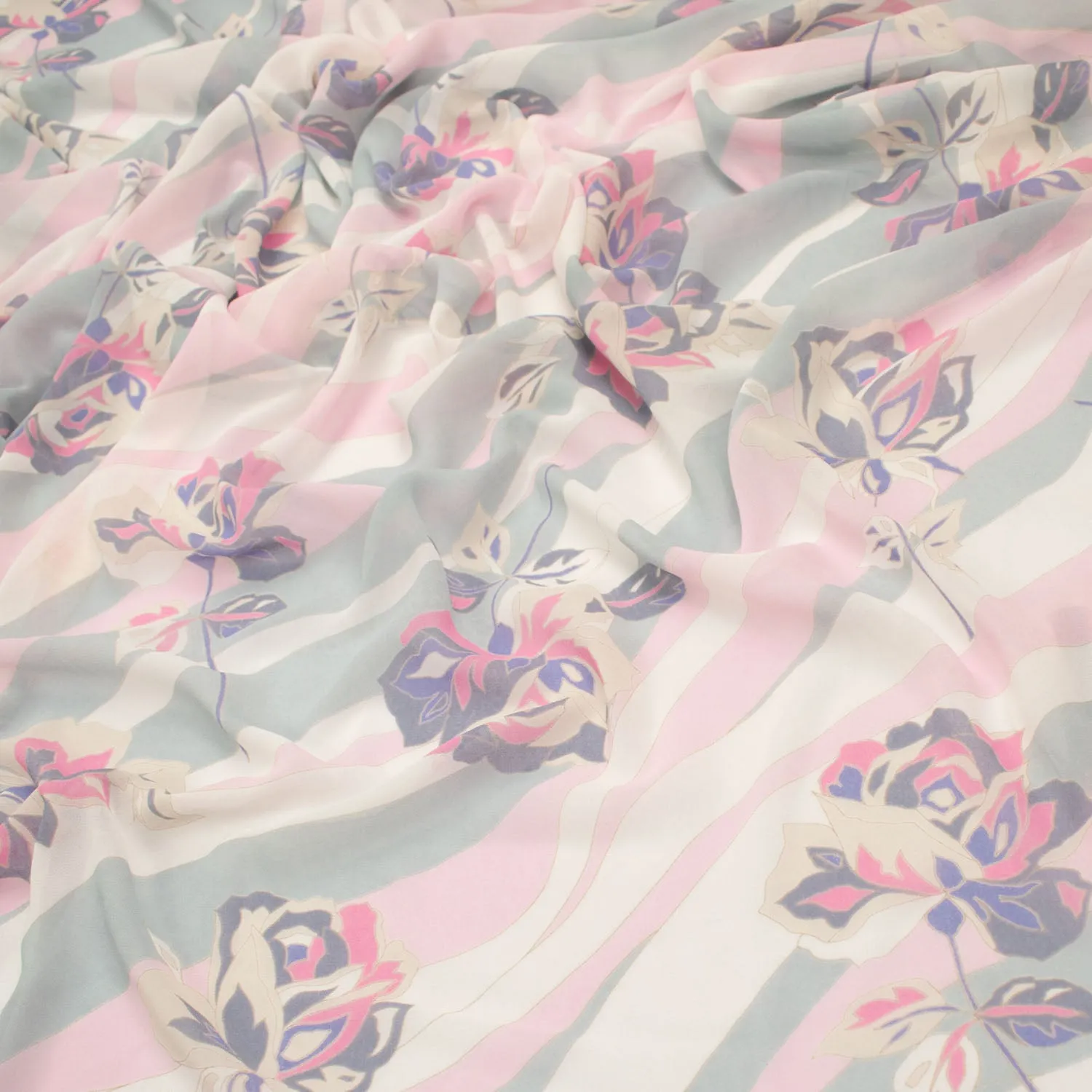 Printed Chiffon Design-13 Pink & Grey Roses on Silver Waves