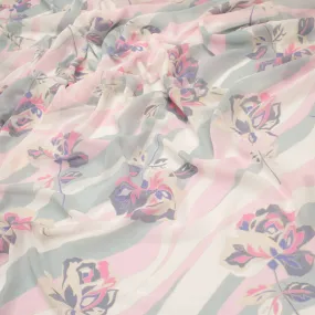 Printed Chiffon Design-13 Pink & Grey Roses on Silver Waves