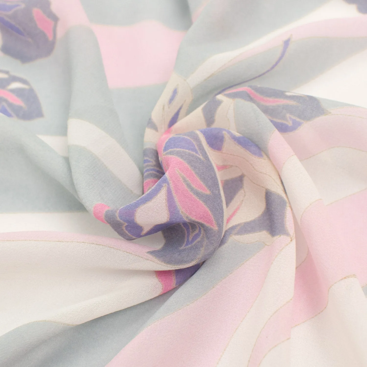 Printed Chiffon Design-13 Pink & Grey Roses on Silver Waves