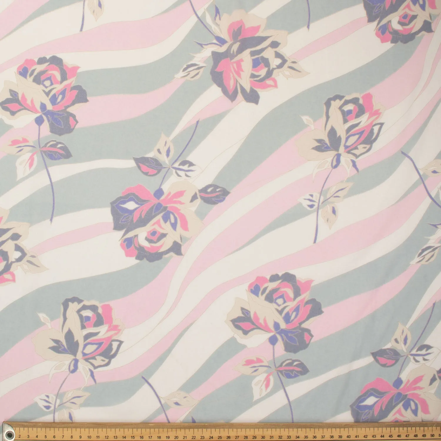 Printed Chiffon Design-13 Pink & Grey Roses on Silver Waves