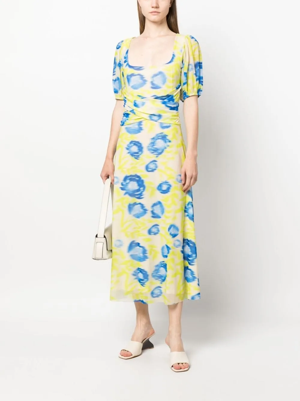 PRINTED MESH PUFF FLORAL-PRINT MIDI DRESS