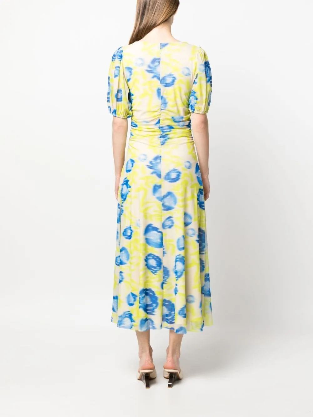 PRINTED MESH PUFF FLORAL-PRINT MIDI DRESS