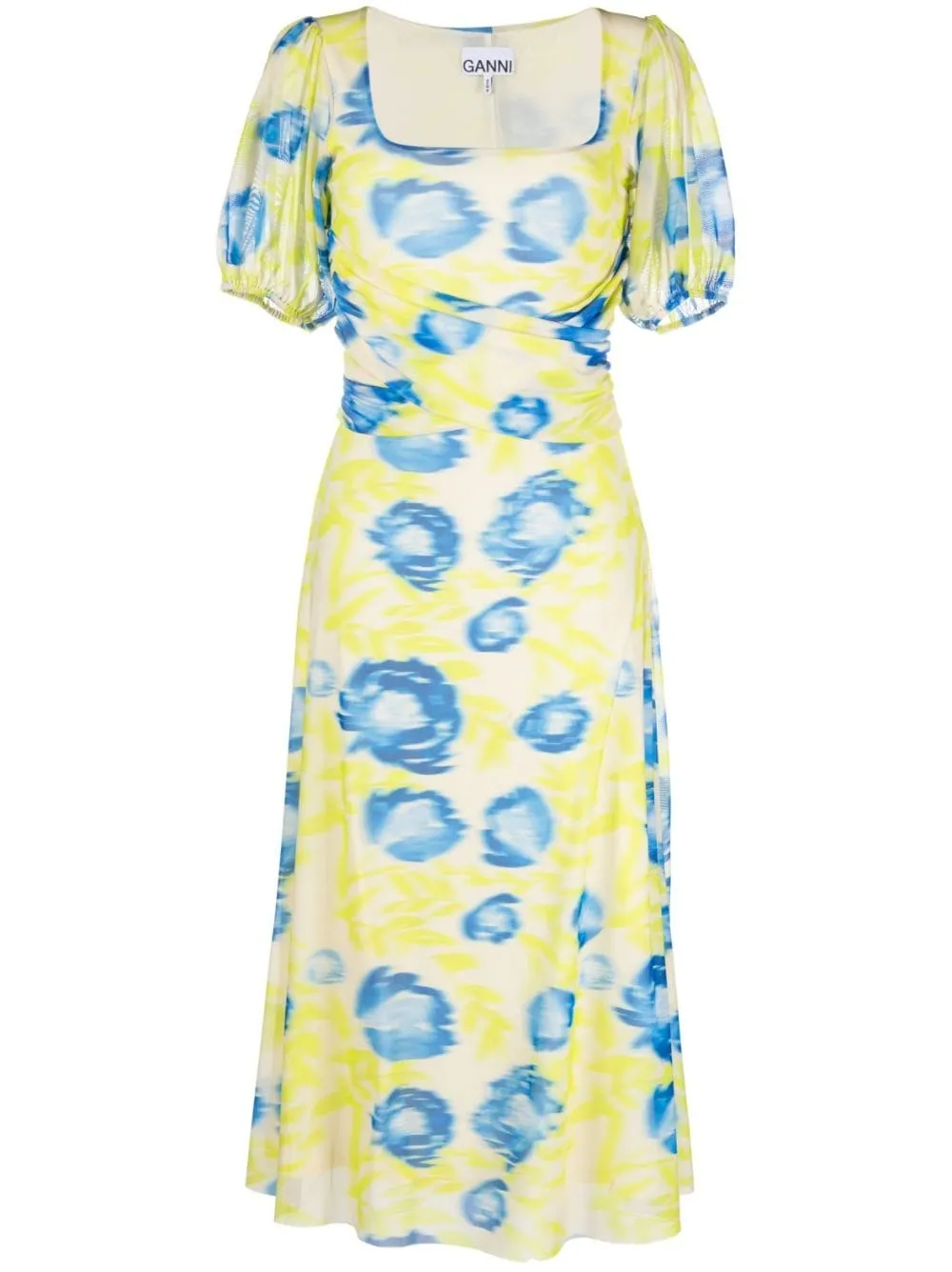 PRINTED MESH PUFF FLORAL-PRINT MIDI DRESS