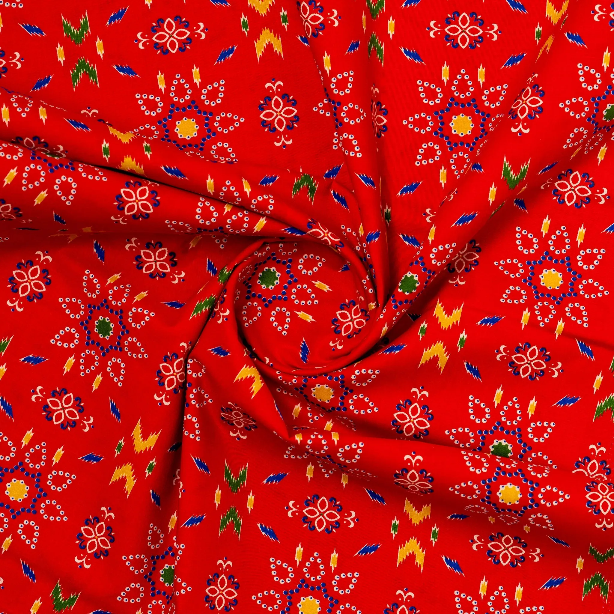 Red Cotton Fabric with Multicolor Print