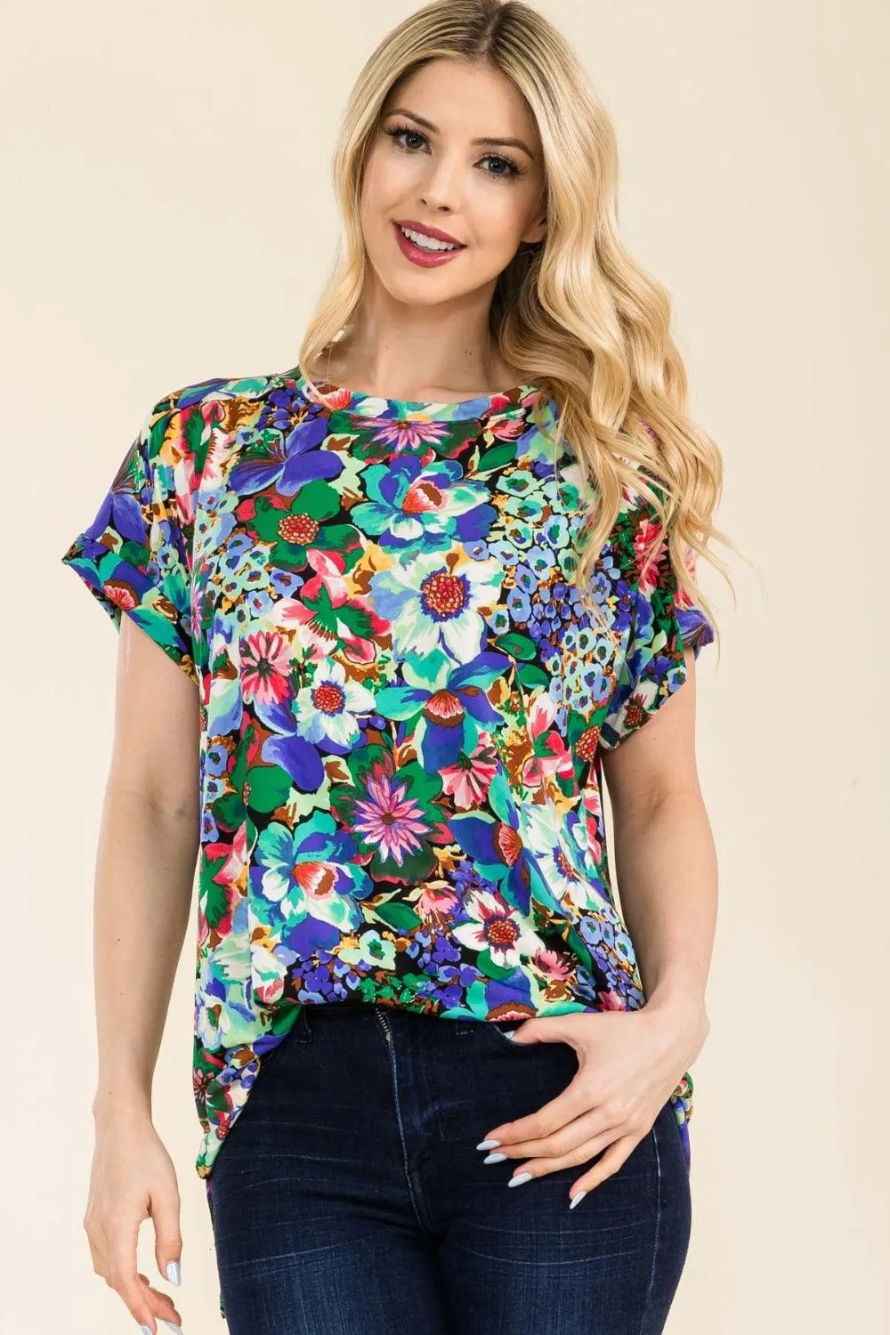 Round Neck Short Sleeve Floral Top