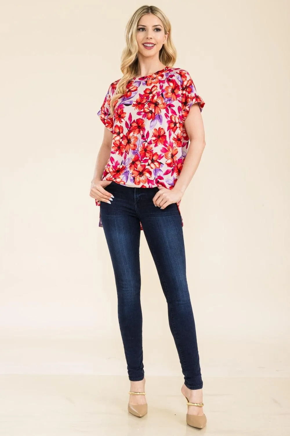 Round Neck Short Sleeve Floral Top