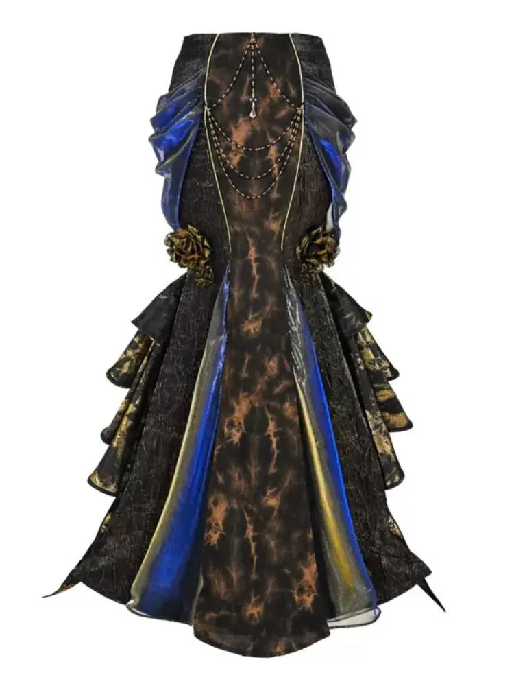 Royal Bustle Maxi Skirt - Victorian Blue Velvet Gothic Train