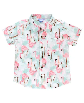 Ruffle Butts-Short Sleeve Button Down Shirt-Vibrant Flamingo