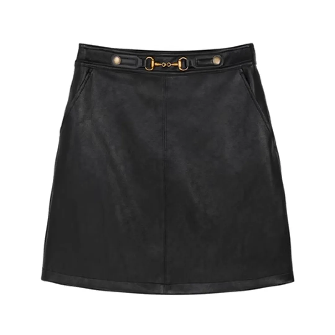 Short Length Buckle Leather Skirt