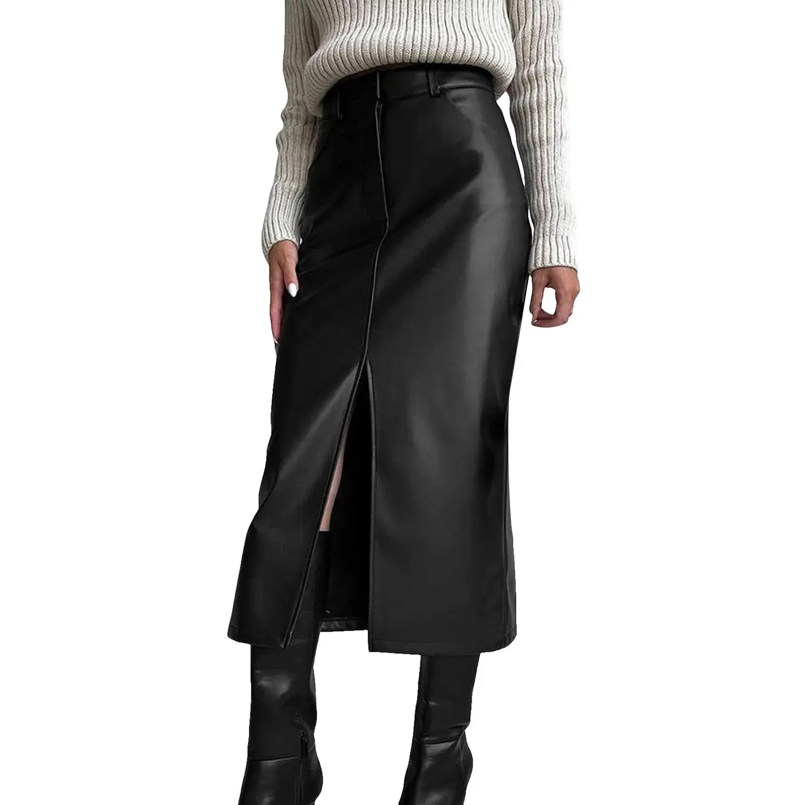 Slim Straight Faux Leather Split Chic Solid Skirt