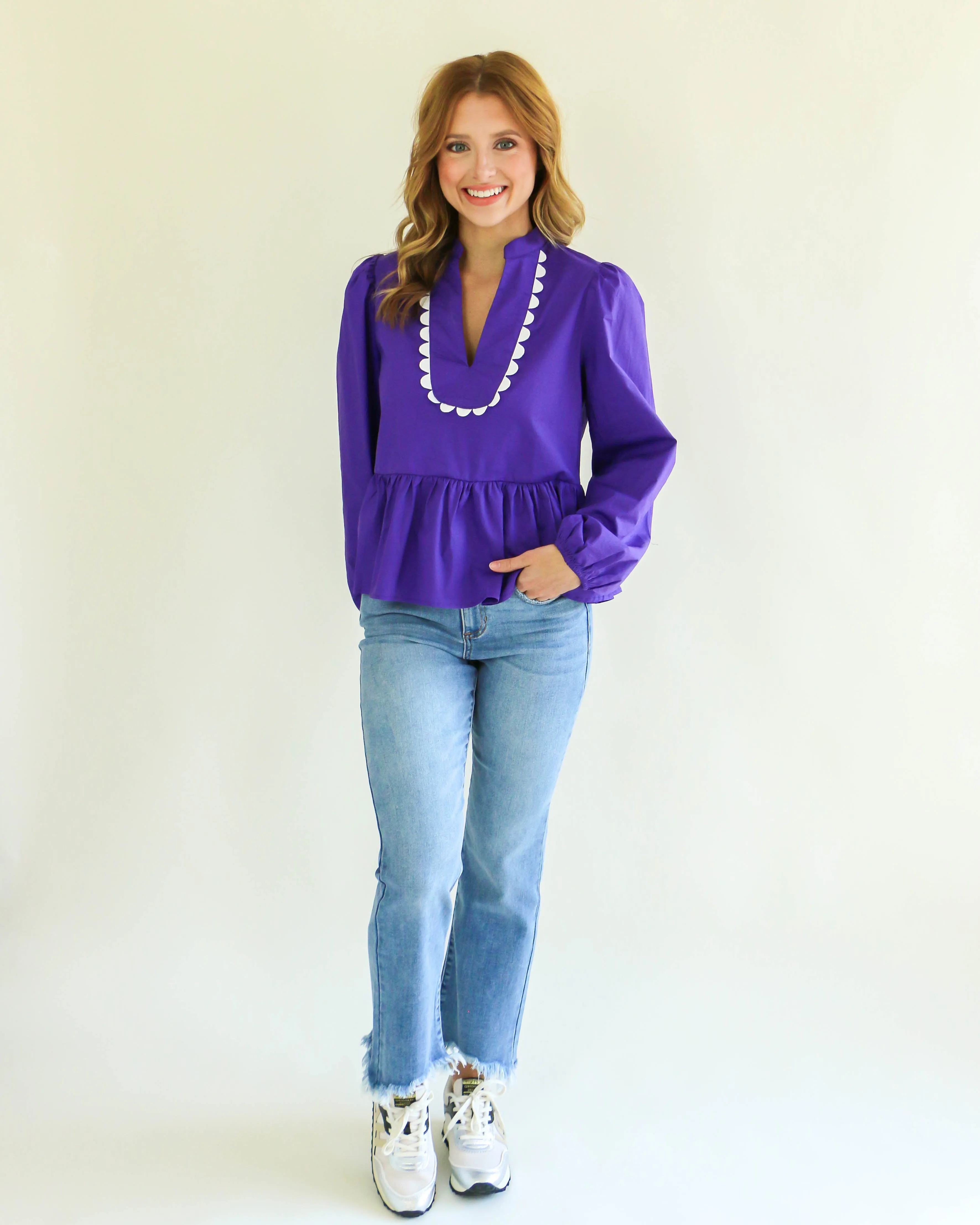 Split V-Neck Long Sleeve Top in Purple