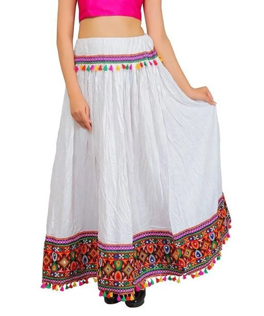 Stylish Cotton White Embroidered Dandiya Raas Lehenga Skirt For Women