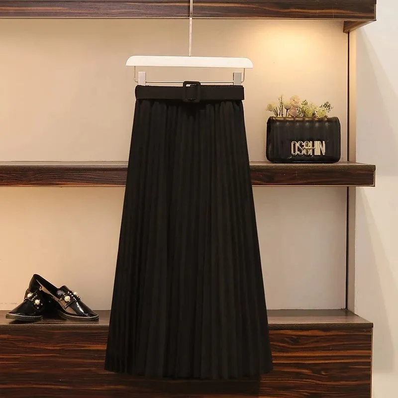 Suade Belted Pleated Midi Skirts