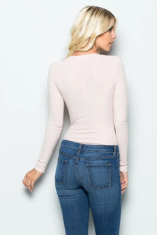 THE MYSTYLEMODE LIGHT PINK RIBBED PLUNGING V NECK LONG SLEEVE BODYSUIT