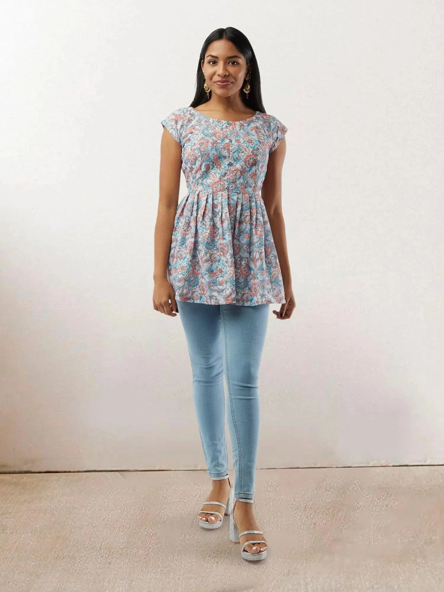 Vibrant Verve - Light Blue Printed Short Top