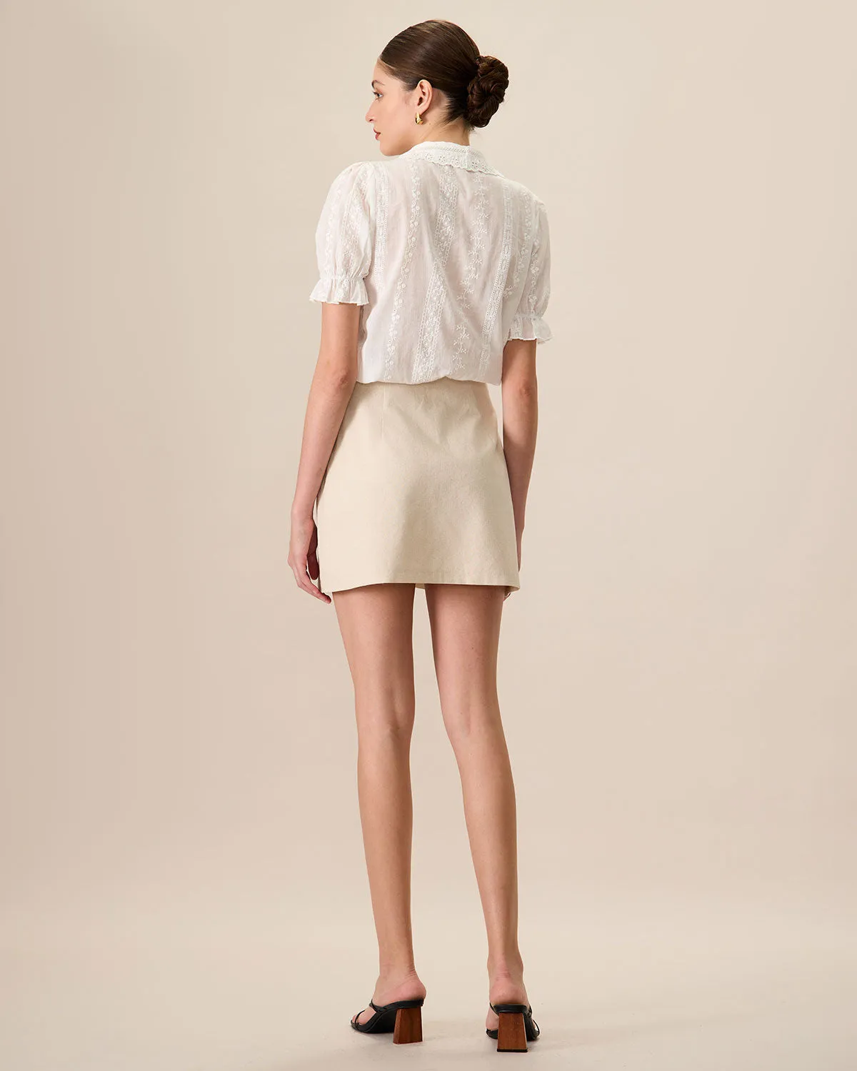 Women's Beige High-Waisted Cotton Button Mini Skirt