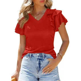 Women's Ruffle Sleeve Tops - Casual Summer V-Neck Tees