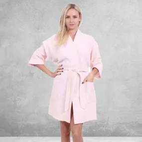 Women's Waffle Kimono Short Bathrobe- Luxurious Cotton Turkish, Absorbency & Lightweight  (Peach)